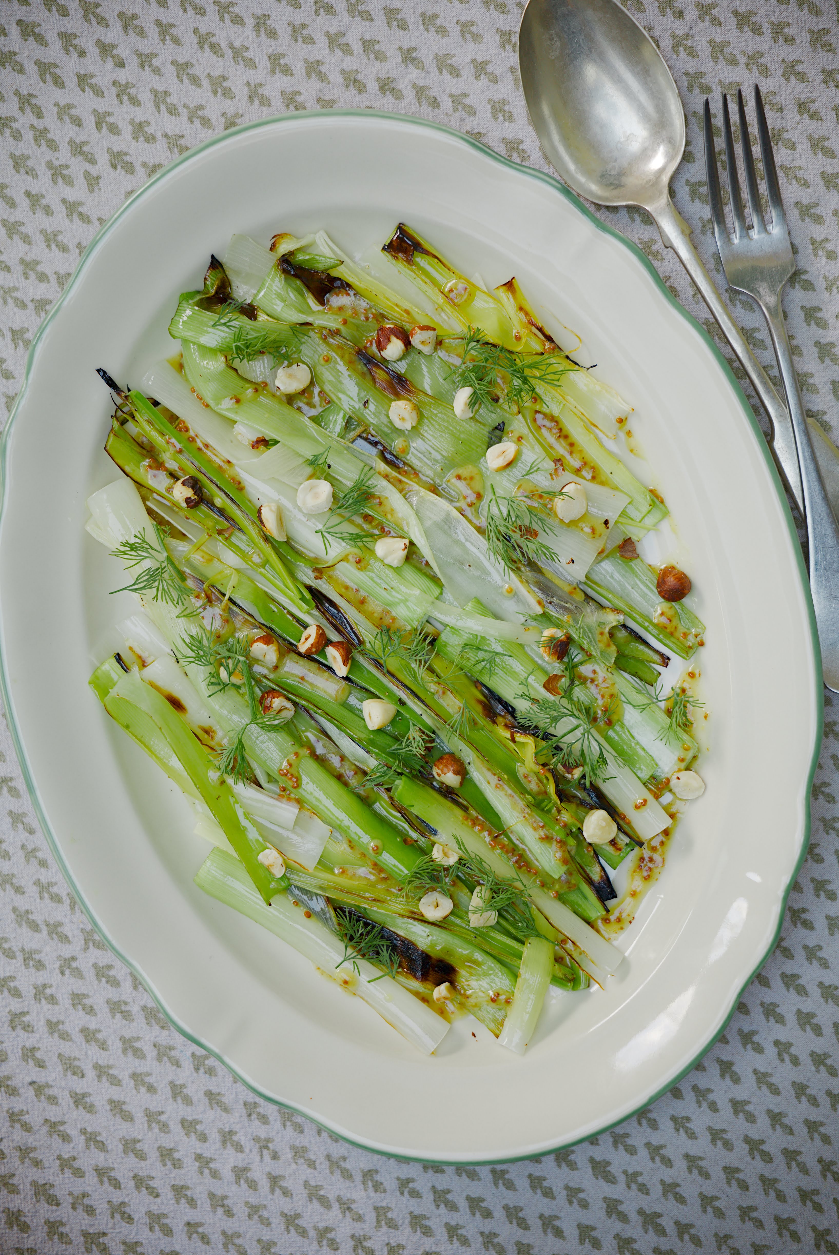 BBQ Leeks, Mustard Vinaigrette, Grill-Toasted Hazelnuts & Dill