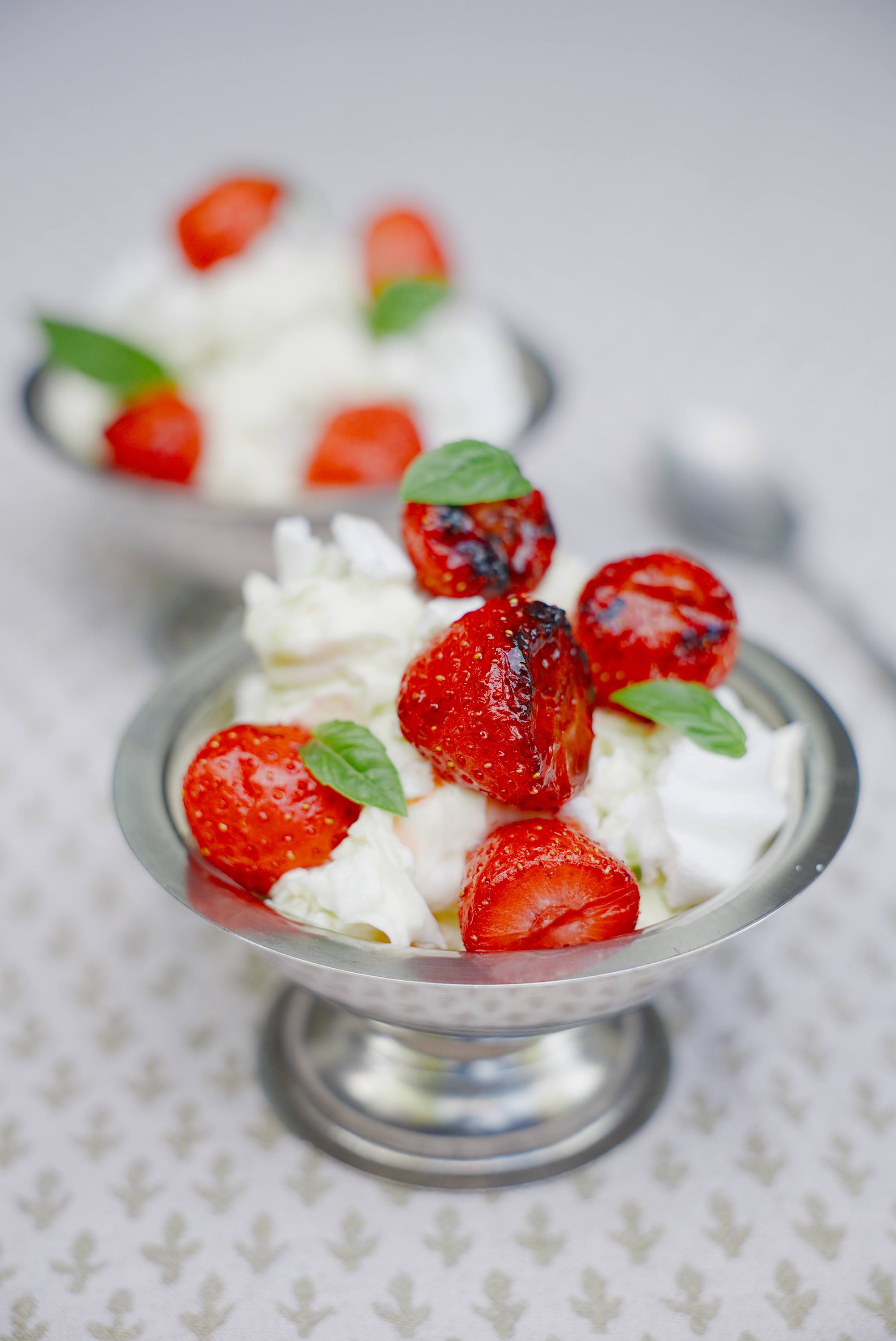 BBQ Strawberries, Mascarpone cream, meringue & basil