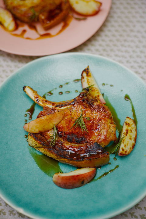 BBQ Pork Chops with Grilled Peaches, Rosemary & a Balsamic Whisky Glaze