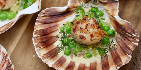 Scallops with Elderflower Butter, Peas & Pancetta